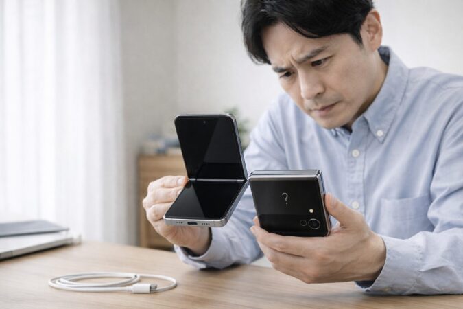 Galaxy Z Flip6で内側画面がつかない症状を確認する日本人ユーザーのイメージ