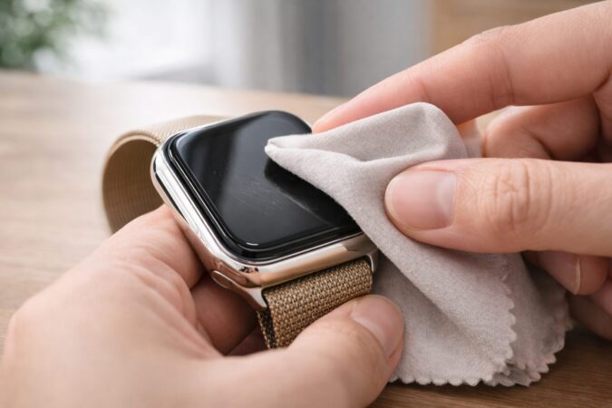 Apple Watchの画面を安全に拭いて傷や汚れを確認するイメージ