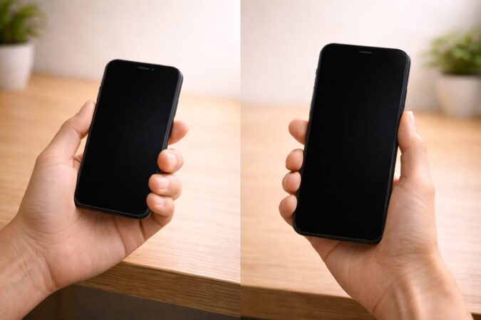 サイズの違うスマートフォンを手に持って比較しているイメージ