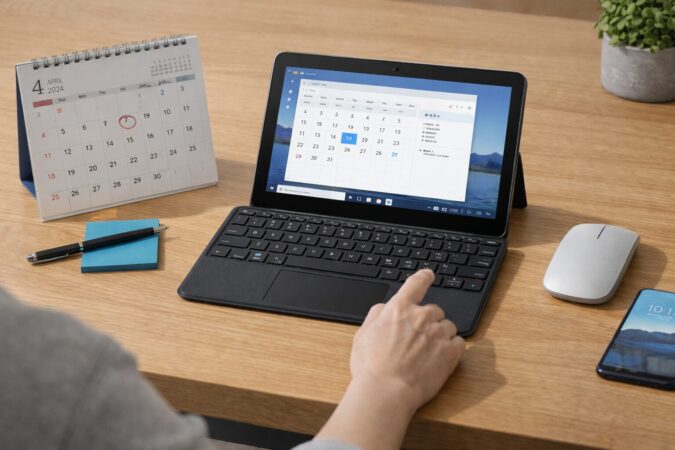 小型2in1PCと日程確認を連想させるデスク小物で表現したSurface Go 4の発売時期確認イメージ