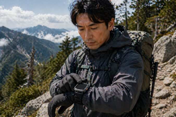 Apple Watch Ultra 3が登山で役立つ視認性と耐久性を表現した日本人登山者のイメージ