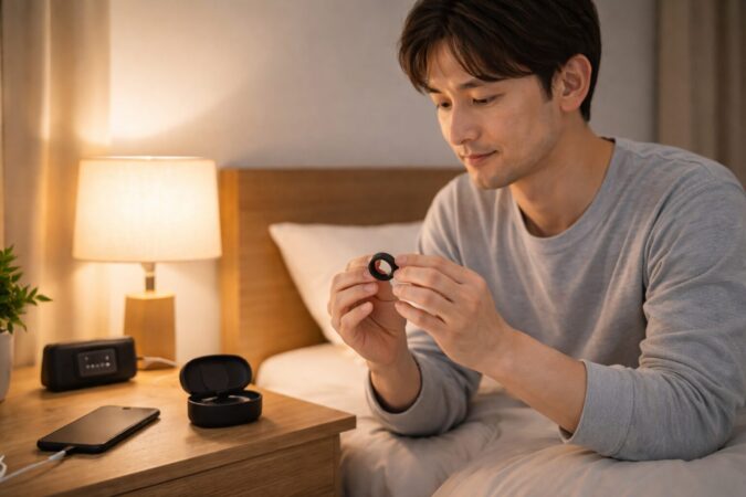 睡眠記録を重視してスマートリングを使う日本人男性の就寝前シーン