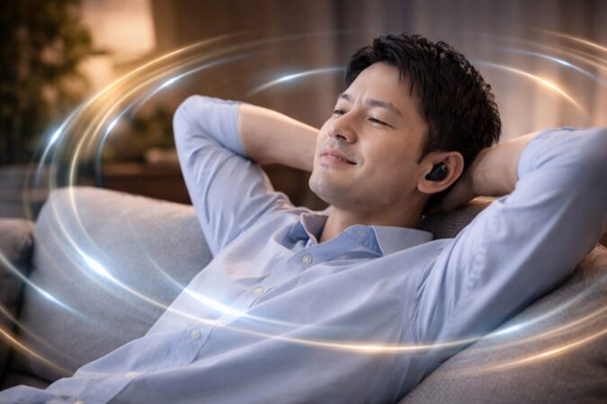 完全ワイヤレスイヤホンの空間オーディオで没入感を楽しむイメージ