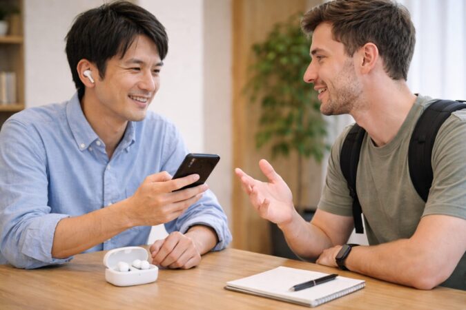 静かな場所で翻訳イヤホンの精度を確かめる会話シーン