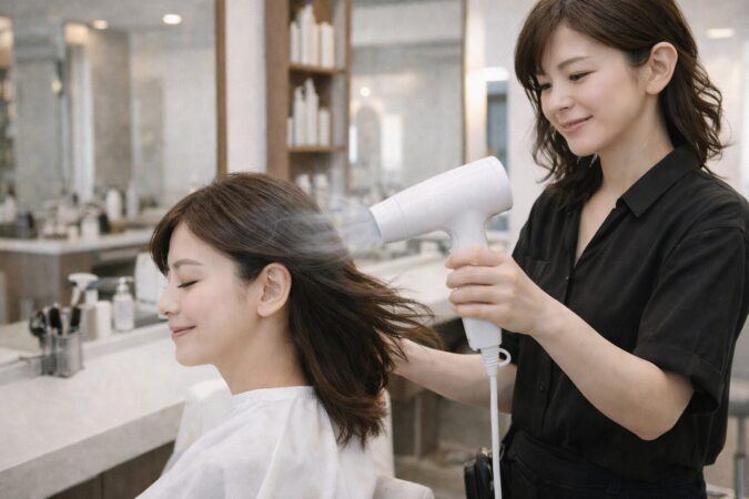 美容室で美容師が大風量ドライヤーを使って髪を乾かしている様子