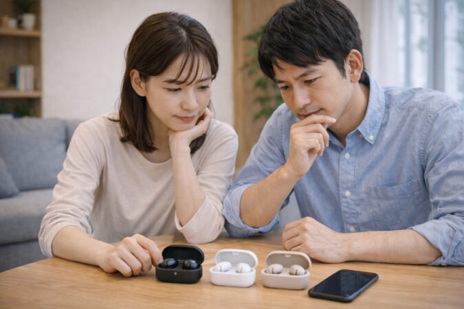 翻訳イヤホンの選び方を相談する日本人夫婦
