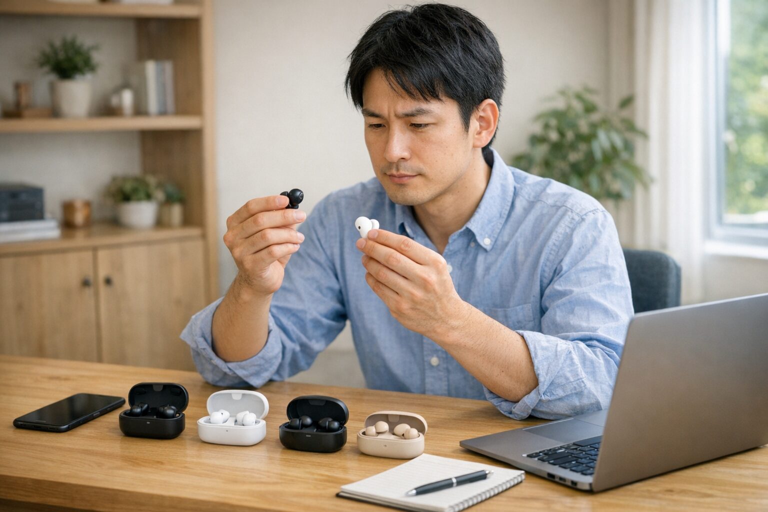 翻訳イヤホンを比較検証する日本人レビュアーの作業風景