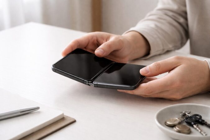 折りたたみスマホを丁寧に開閉し、異物や傷に注意して使う日本人ユーザーのイメージ