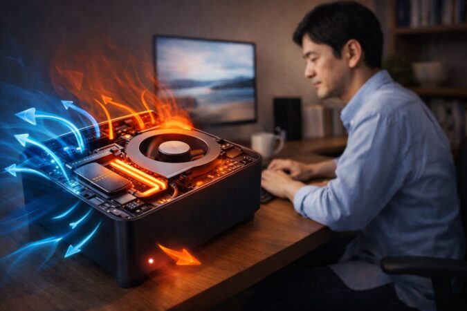 ミニPCの耐久性と熱対策の重要性を示す冷却イメージ