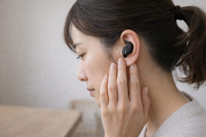 ウィング付きイヤホンの圧迫感を気にする日本人女性の横顔