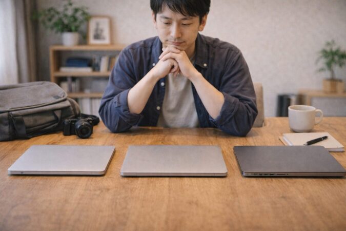 自分の使い方に合わせて複数のノートPCから最適な一台を選ぶ日本人男性