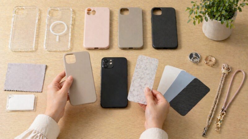 透明ケースやスキンシールなどスマホの色変更に役立つ小物を比較する様子