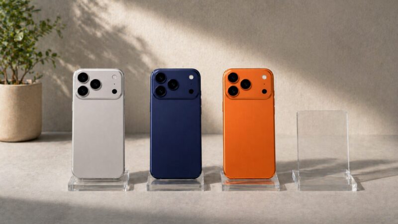 iPhone17 Pro風スマホの3色と空の台座で色追加の有無を表すイメージ