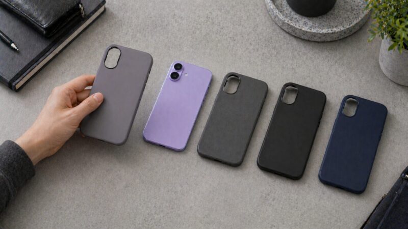 ラベンダースマホにグレーやネイビーのケースを合わせて落ち着かせる比較イメージ