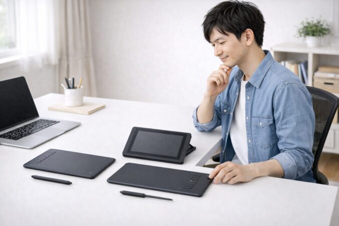 評判をもとにおすすめのペンタブレット3タイプを比較する様子