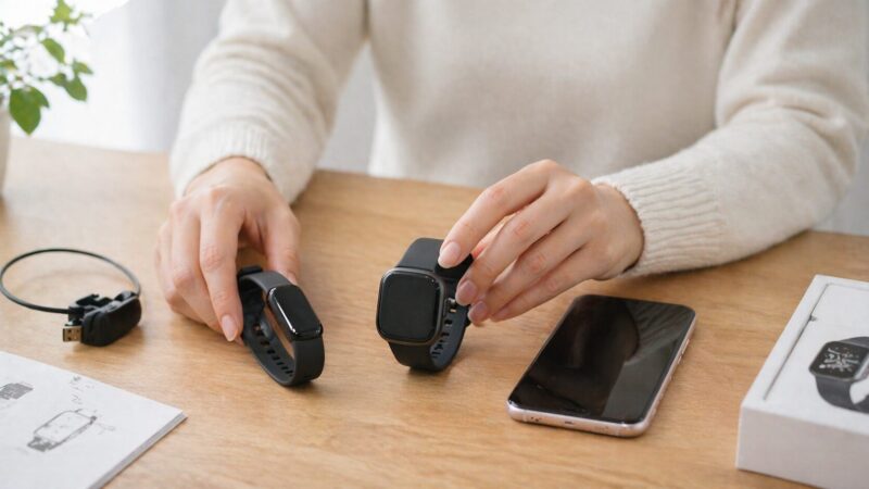 Fitbit買い替え時に旧端末の同期確認と新端末の初期設定を進める機種変更イメージ