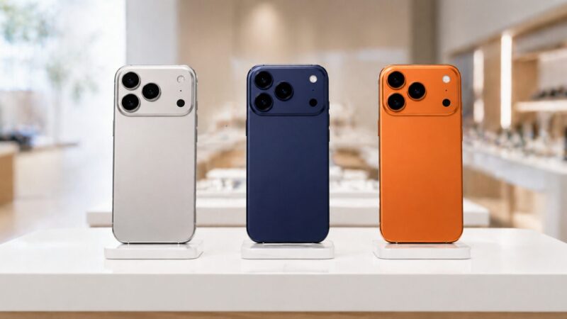iPhone17 Pro風スマホの3色を同じ角度で比較する色選びイメージ