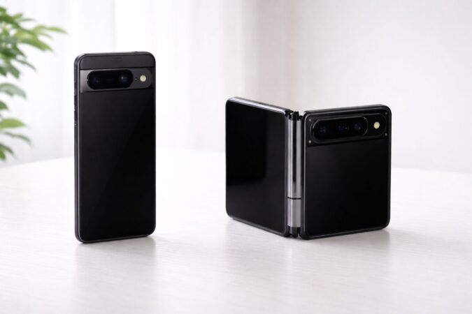 通常形状のPixelと折りたたみスマホを比較し、使いやすさの違いを表現したイメージ