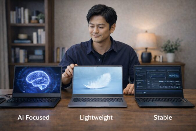 用途別に選ぶ3つのノートパソコン候補を示すイメージ