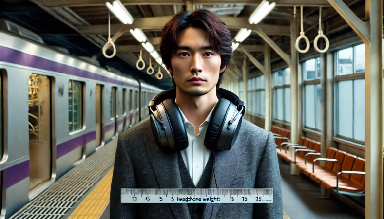 首元で存在感が強く見える重めのAirPods Max風ヘッドホン装着イメージ