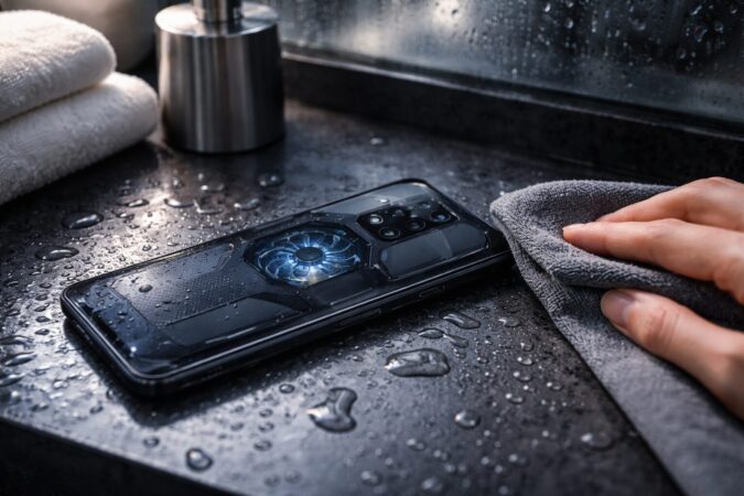 防水性能に注意しながらスマホを扱う慎重な使用シーンのイメージ