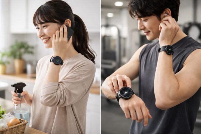 音楽操作や通話に対応する丸形スマートウォッチの日常利用イメージ