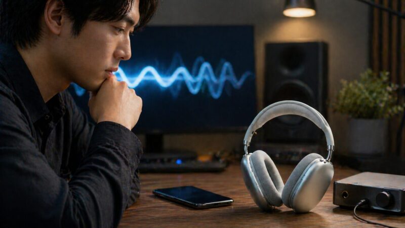 高級ワイヤレスヘッドホンの音質を専門的に検証しているイメージ