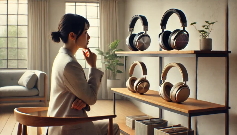 室内で音質重視のリスニング体験を楽しむAirPods Max風ヘッドホンの使用イメージ