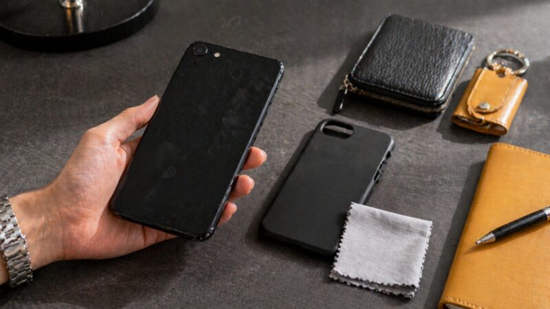 黒いスマホの指紋やホコリの目立ちやすさを光に当てて確認する様子