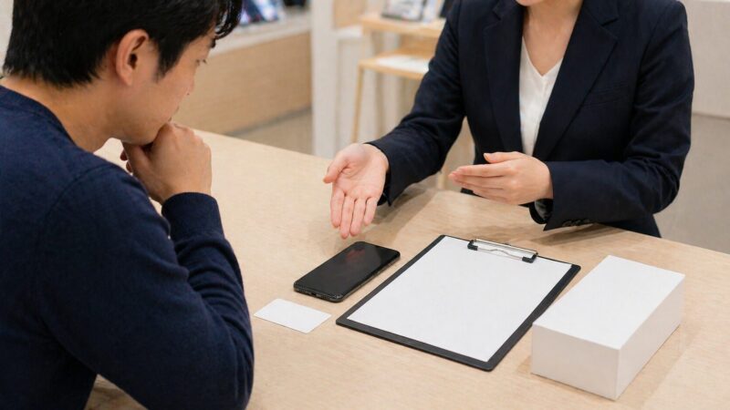 実質1円スマホ購入の契約条件や返却条件を確認する日本人ユーザーのイメージ