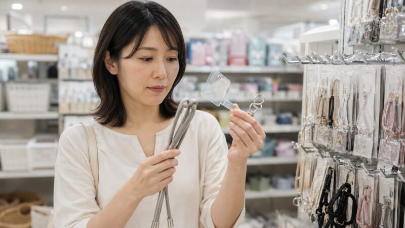 100均のスマホショルダーを購入前に耐久性や金具を確認する日本人女性