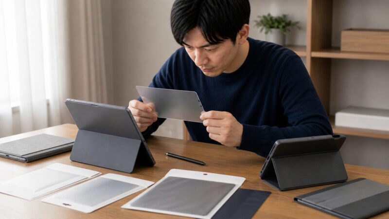 Surface Pro 12インチ級タブレット用アクセサリーの対応サイズを慎重に確認する日本人ユーザー