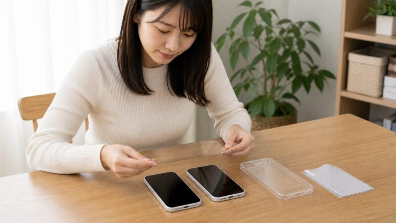 iPhone 17eと16eで保護フィルムが共通で使えるか確認する様子