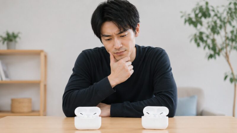 　2種類のワイヤレスイヤホンを前に購入を迷う日本人男性