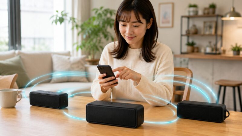 複数台のBluetoothスピーカーをスマートフォンでペアリングする日本人女性