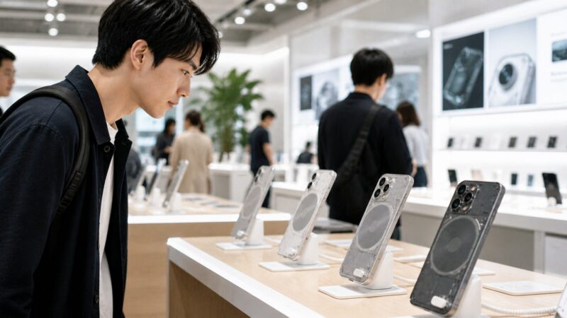 日本の店舗でNothing Phone 4a風スマートフォンが展示されているイメージ