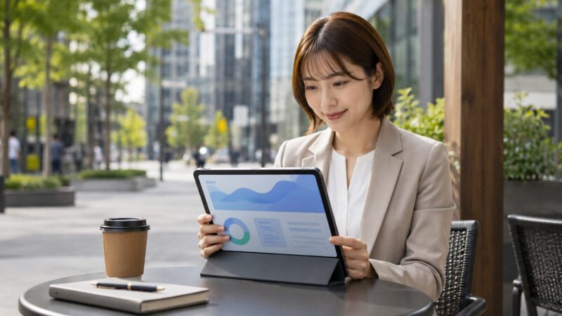 外出先で5G対応タブレットを使う日本人ビジネスユーザーのイメージ