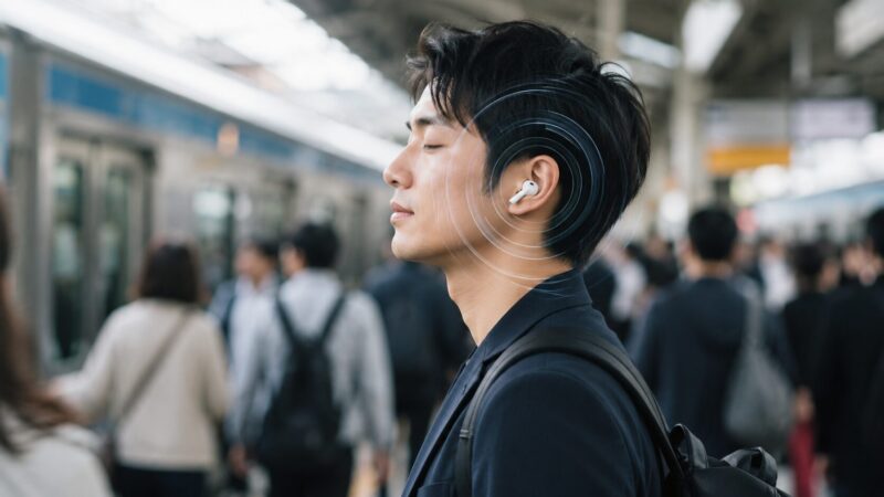 駅でノイズキャンセリングイヤホンを使い騒音を抑えている日本人男性のイメージ