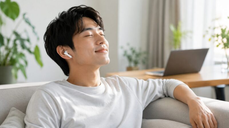 AirPods Pro 3風イヤホンを装着して満足そうに音楽を聴く日本人男性