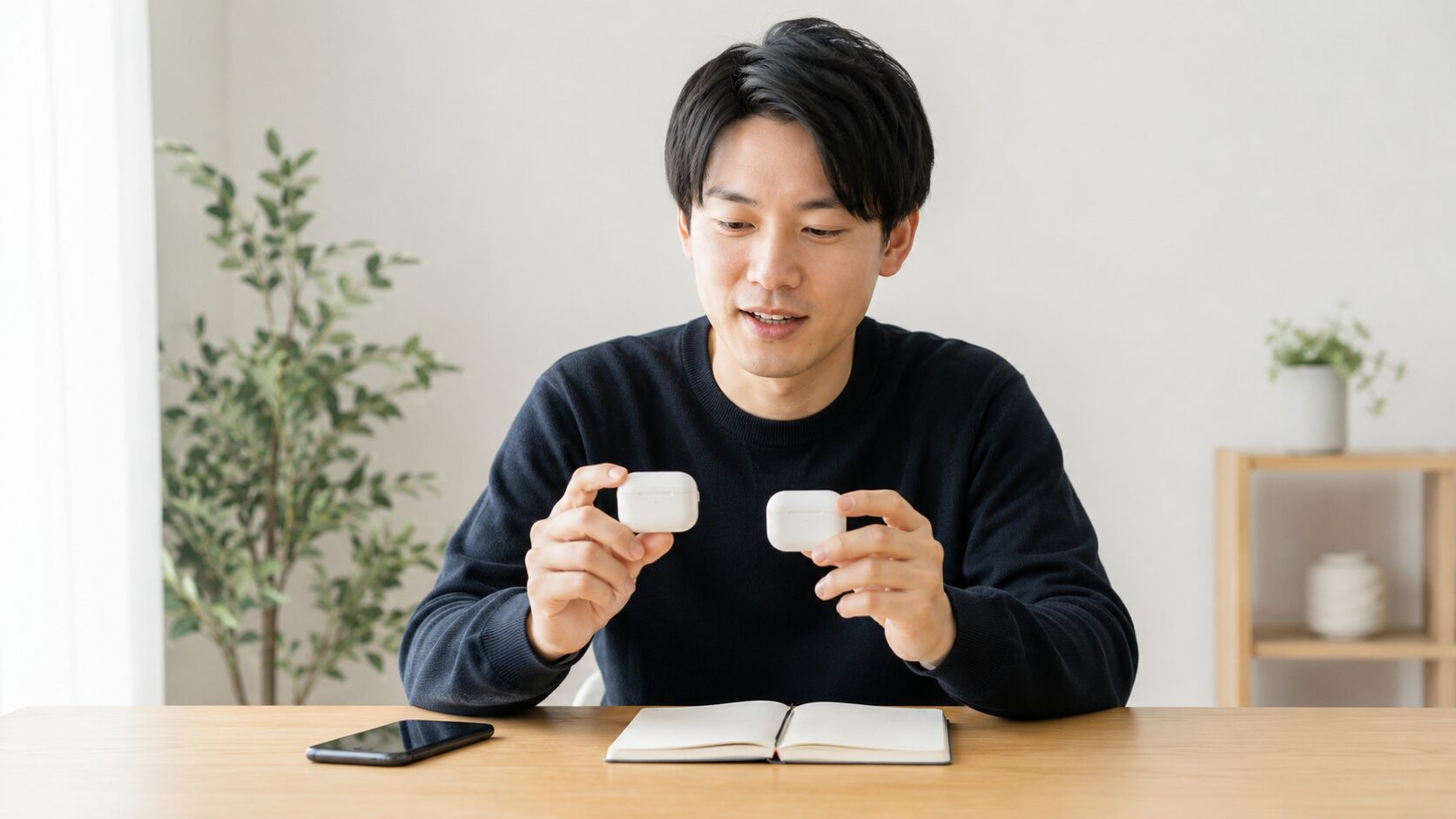 日本人の解説者がAirPods Pro3とAirPods4の違いを比較しているイメージ