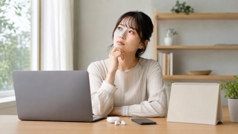 未発表のAirPods Pro4を待つか考えている日本人女性のイメージ