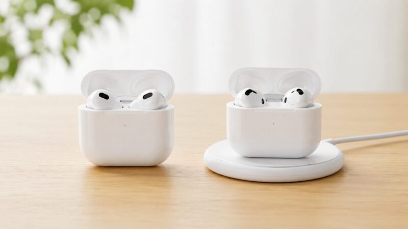 通常モデルとANC搭載モデルの2種類のAirPods4を並べたイメージ