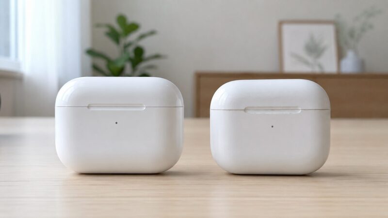 本物と偽物のAirPodsを比較して確認するイメージ