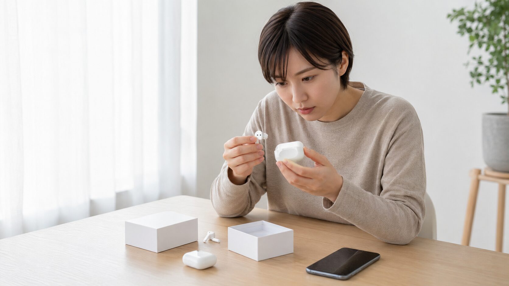 AirPodsの偽物を見分けるために本体やケースを確認する日本人女性