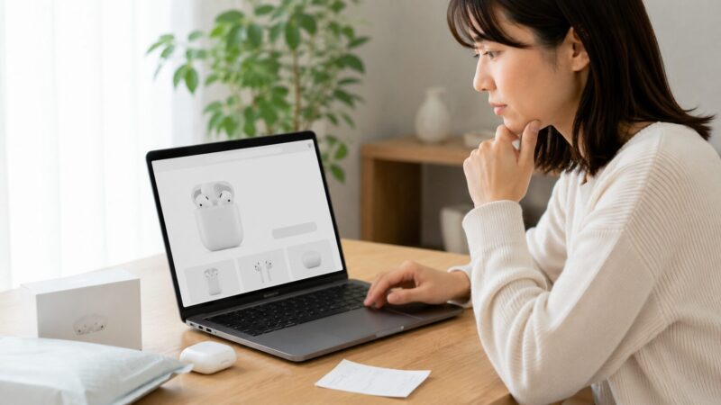 AirPods購入前に販売元や返品条件を確認する女性