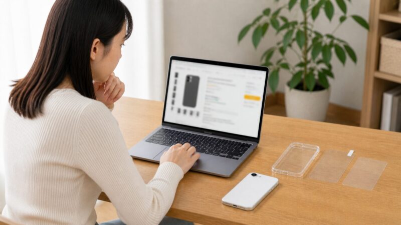 通販サイトでiPhone 17eケースの対応表記を確認する日本人女性