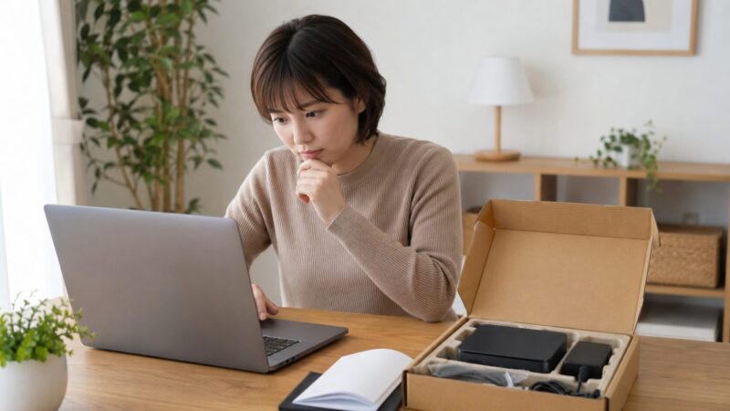 AmazonでミニPCを購入する前に販売元や付属品を確認する日本人女性