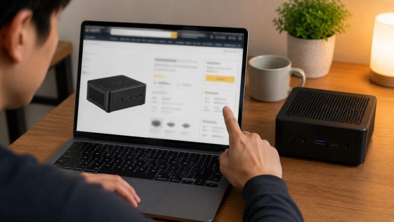 AmazonでミニPC購入前に販売元や返品条件を確認するイメージ
