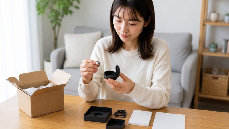 b.ringをECサイトで購入後に内容物を確認する日本人女性