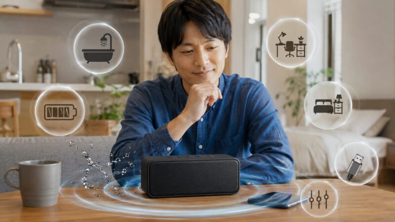 防水や長時間再生などSoundcore 3の総合評価を確認する日本人男性